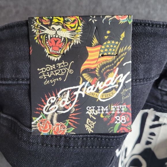 Ed Hardy Mens 38x32 Black Denim Slim Jeans Embroidered Skull Snake Panther NWT - Picture 10 of 11